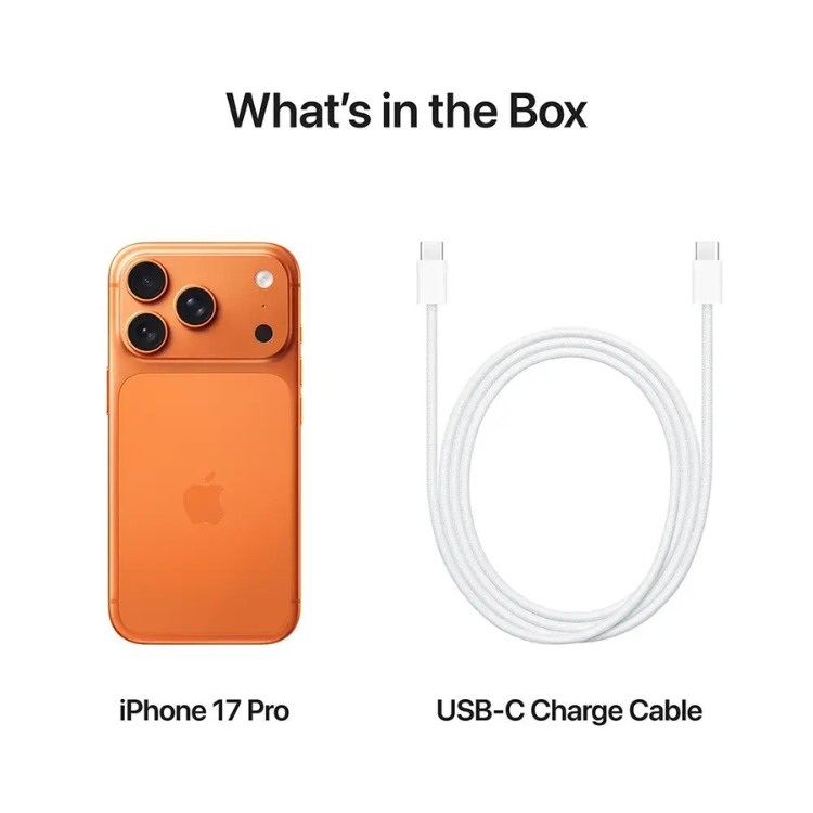 iPhone 17 Pro laranja, vista traseira com câmeras triplas e cabo USB-C branco.