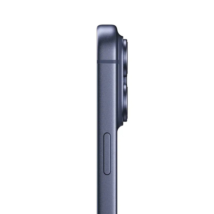 iPhone 17 Pro Max azul, lado direito com câmara tripla e botão lateral.