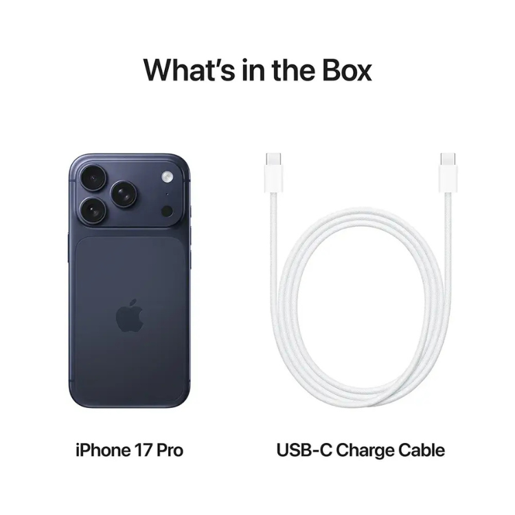 iPhone 17 Pro Azul, smartphone Apple com câmaras triplas e cabo USB-C.