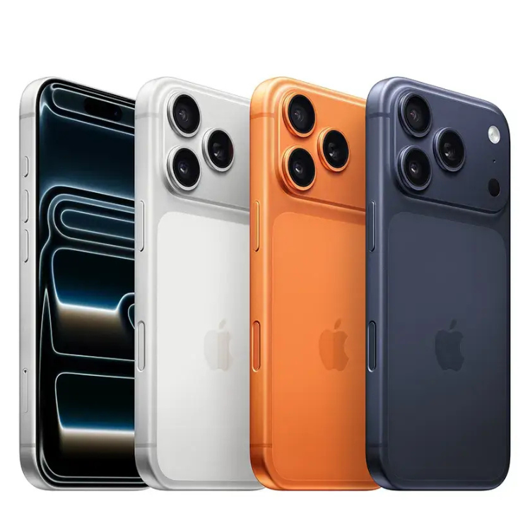 iPhone prata, laranja e azul com câmeras triplas e ecrã preto brilhante.