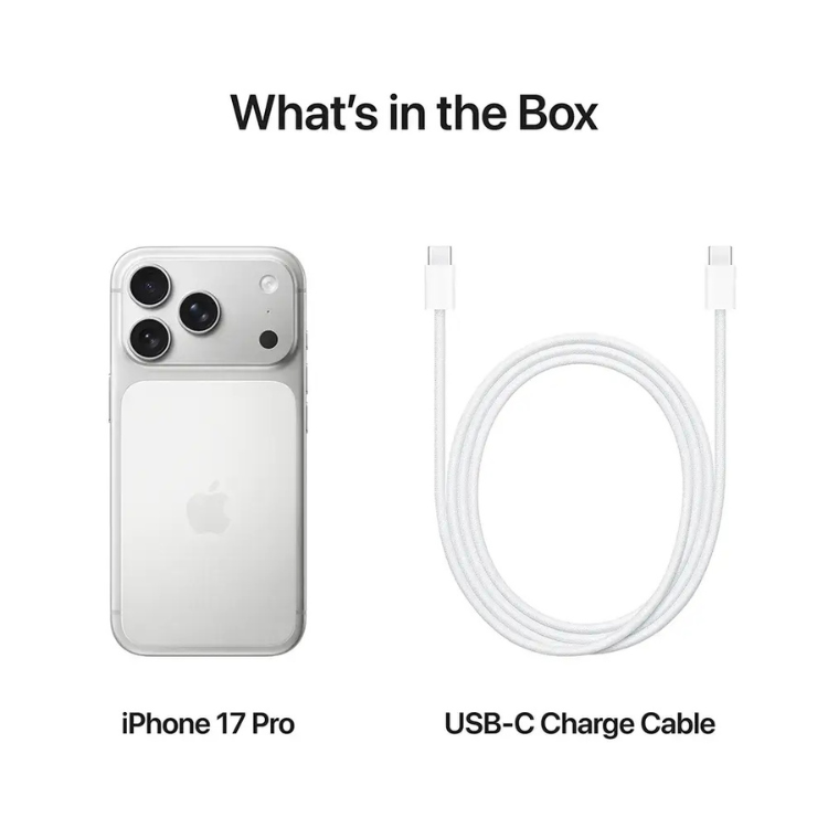 iPhone 17 Pro prata, com três câmaras, e cabo de carregamento USB-C branco.