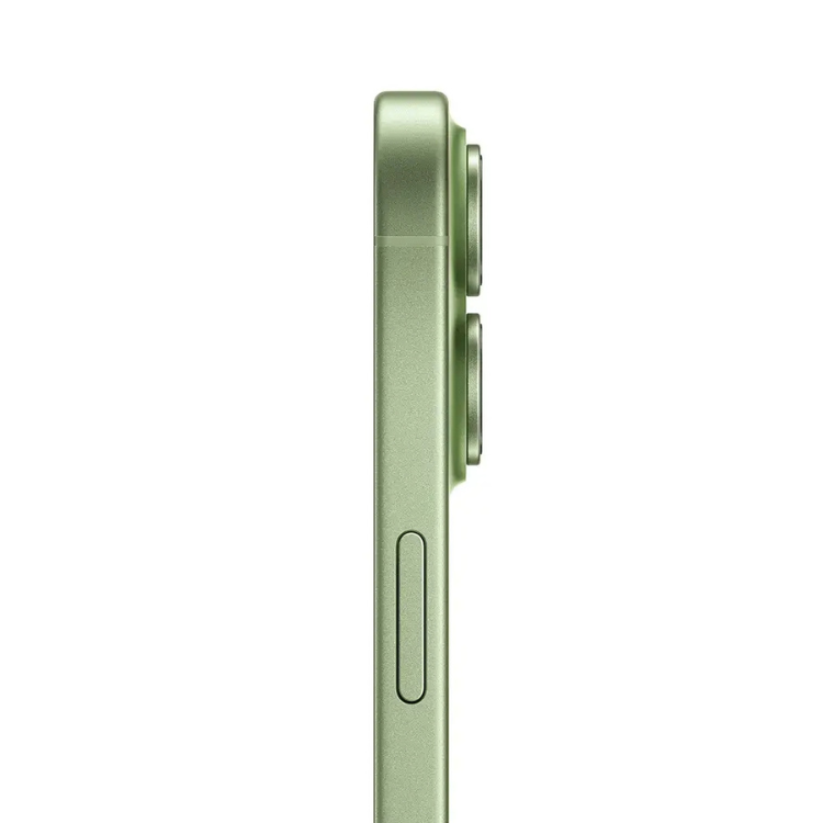iPhone 17, verde, lado direito com câmaras e botão lateral.