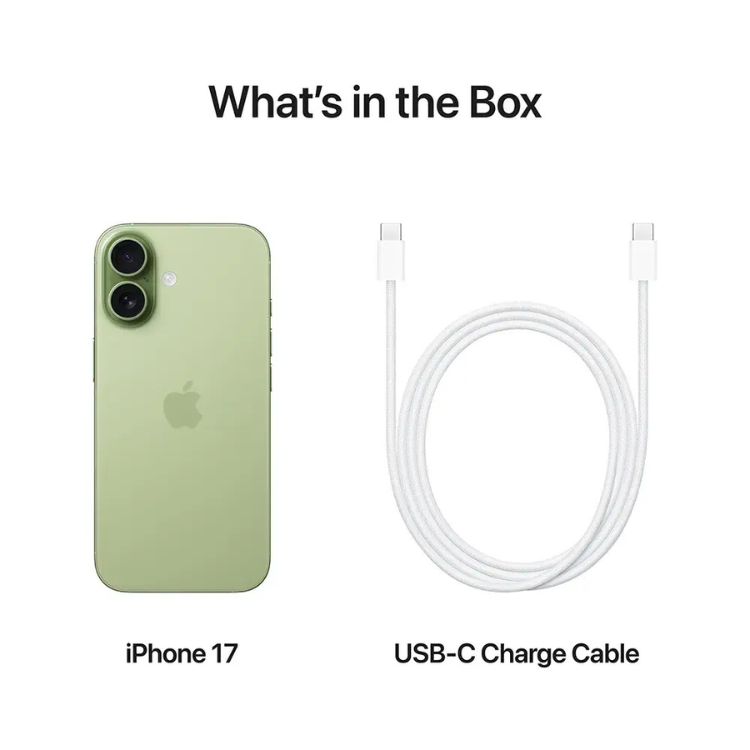 iPhone 17 verde, smartphone Apple com câmaras duplas e cabo USB-C.