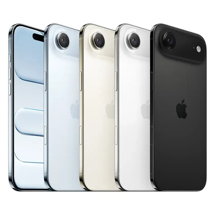 iPhone preto e outras cores da Apple, cinco unidades viradas para trás e uma de frente, com câmeras e logotipo visíveis.