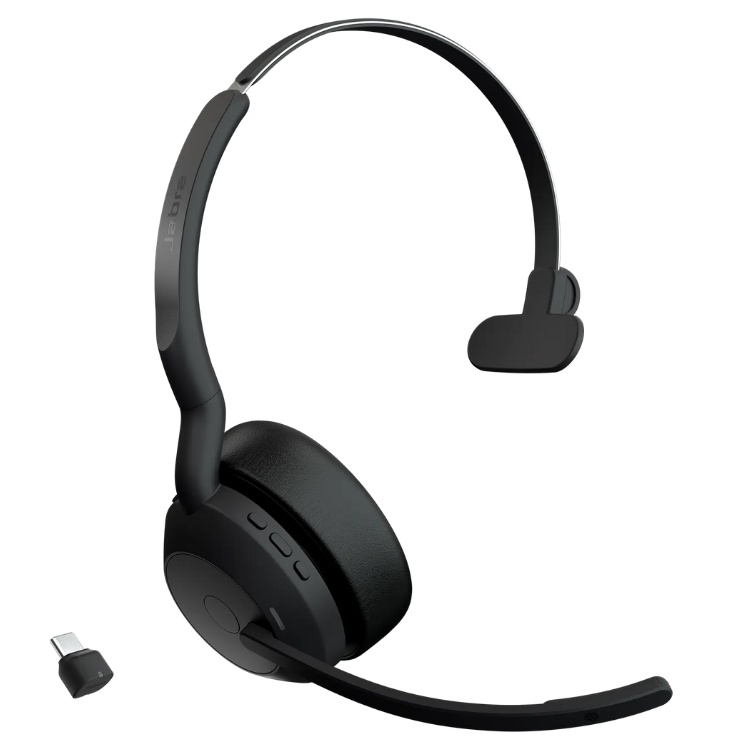Black Jabra Evolve2 55 Mono headset with USB connector.