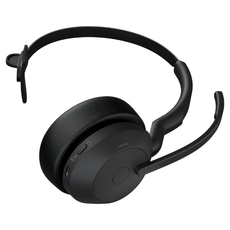Black Jabra Evolve2 55 Mono headset with microphone and adjustable headband.