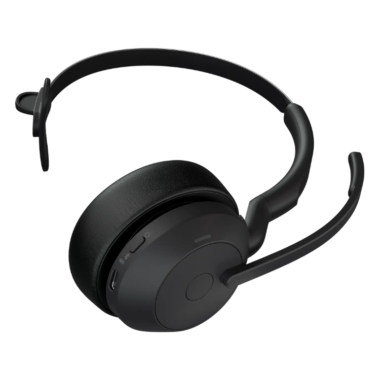 Black Jabra Evolve2 55 stereo headset with microphone and base, adjustable headband.