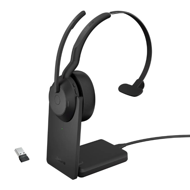 Black Jabra Evolve2 55 stereo headset with base and USB connector.