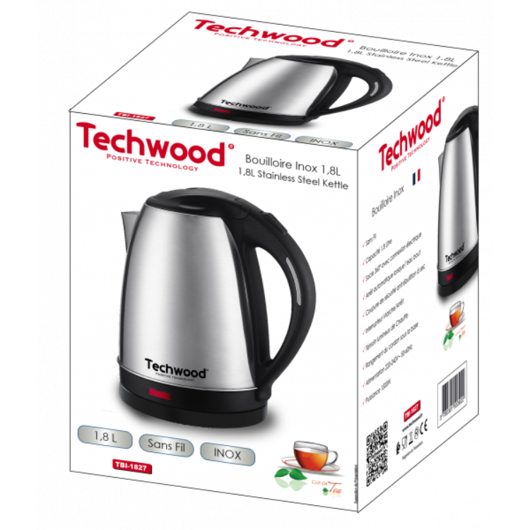 Techwood 1.8L stainless steel electric kettle, silver and black.