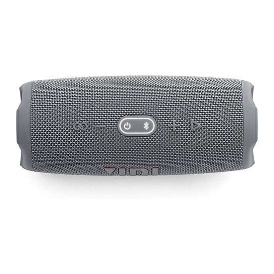 JBL Charge 5 Bluetooth speaker, gray, with power and Bluetooth buttons on front.