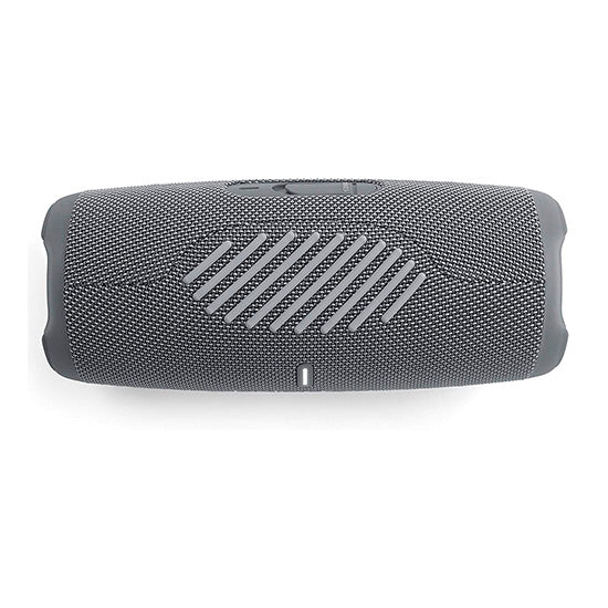JBL Charge 5 Bluetooth speaker, gray, portable, rectangular with mesh grille and diagonal slats.