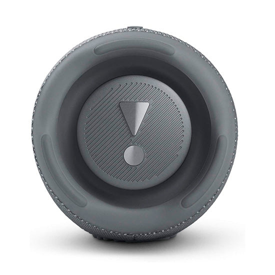 JBL Charge 5 Bluetooth speaker, gray, exclamation mark on control button.