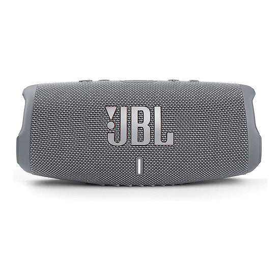 JBL Charge 5 Bluetooth speaker, gray, front view.