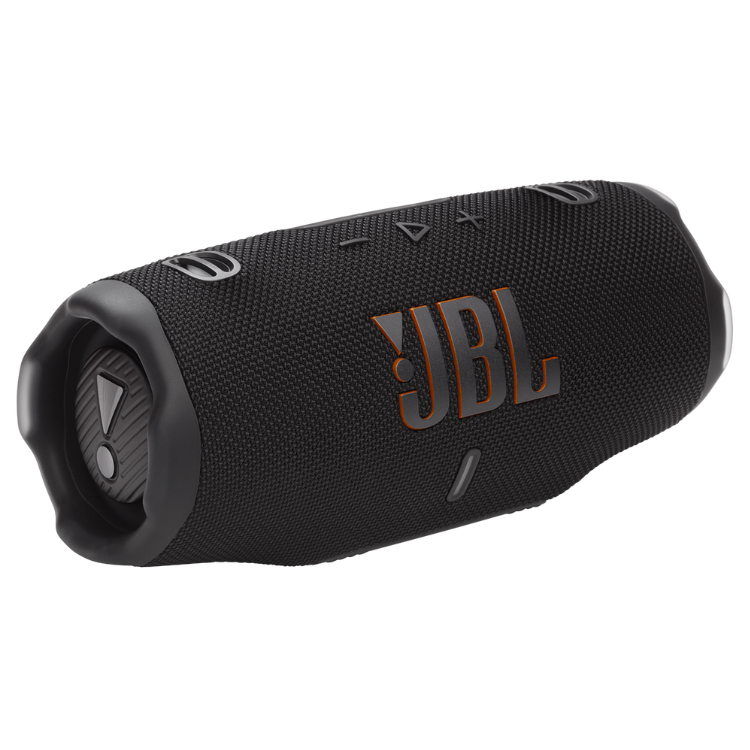 Black JBL Charge 6 portable speaker with buttons and logo visible.
