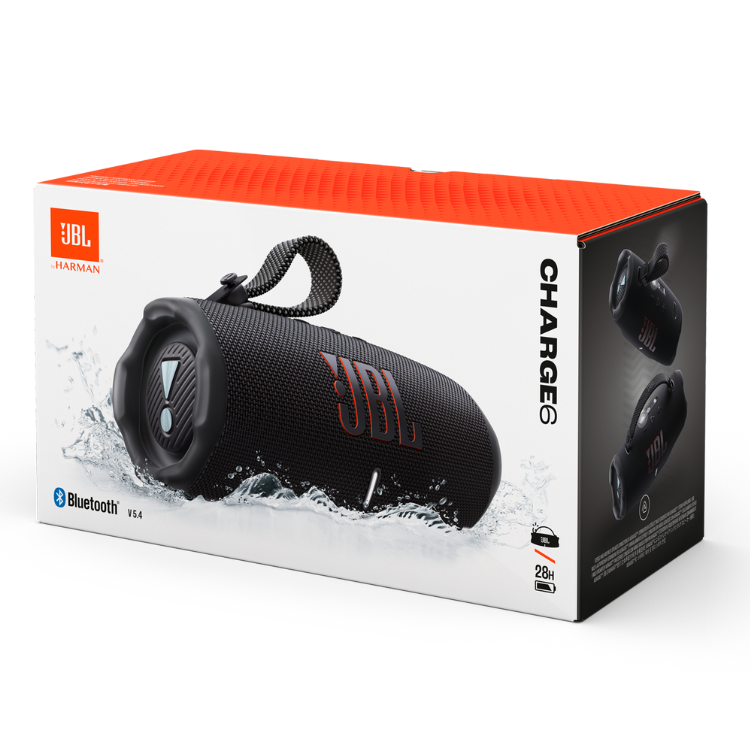 JBL Charge 6 portable speaker, black, in packaging.