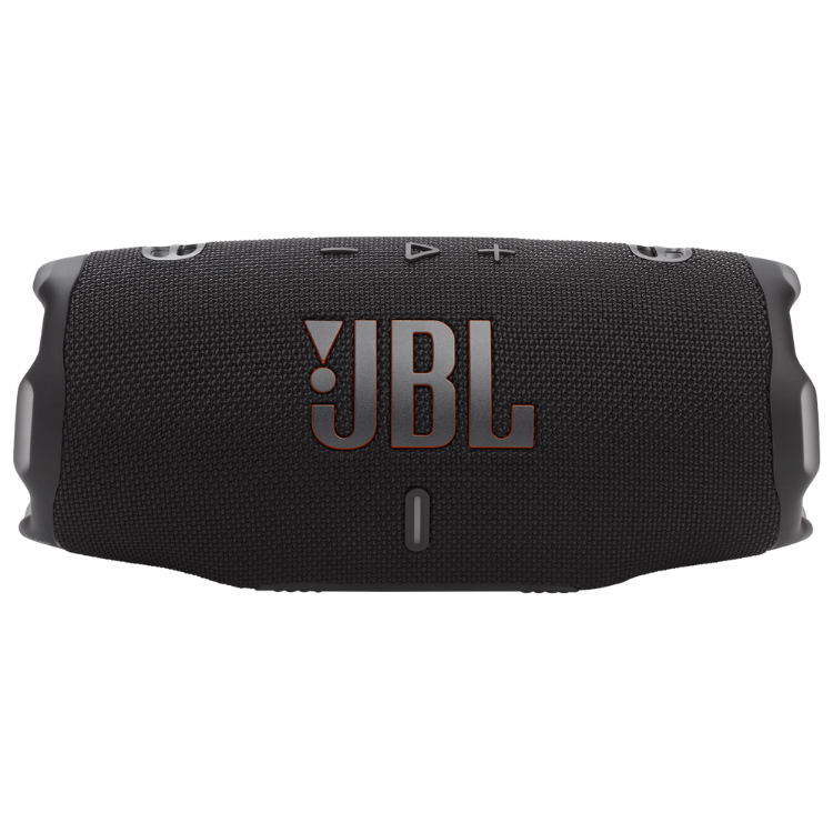 Black JBL Charge 6 portable speaker with buttons and JBL logo.