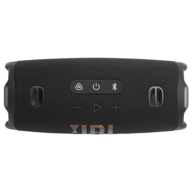 Black JBL Charge 6 portable speaker with buttons and logo.