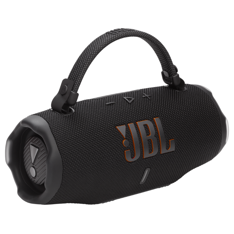 Black JBL Charge 6 portable speaker with handle and buttons.