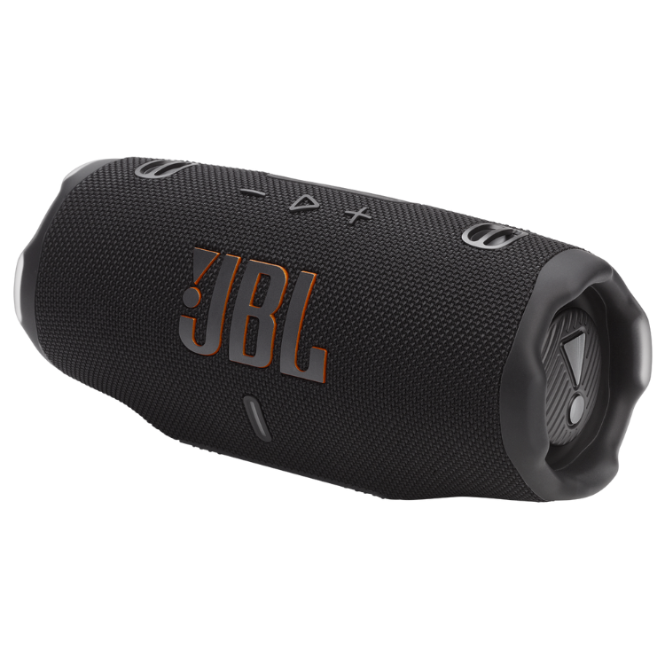 Black JBL Charge 6 portable speaker with buttons and logo.