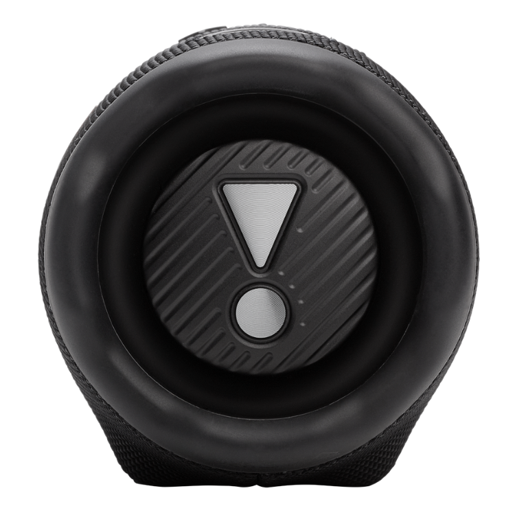 Black JBL Charge 6 portable speaker close-up, exclamation mark and button visible.