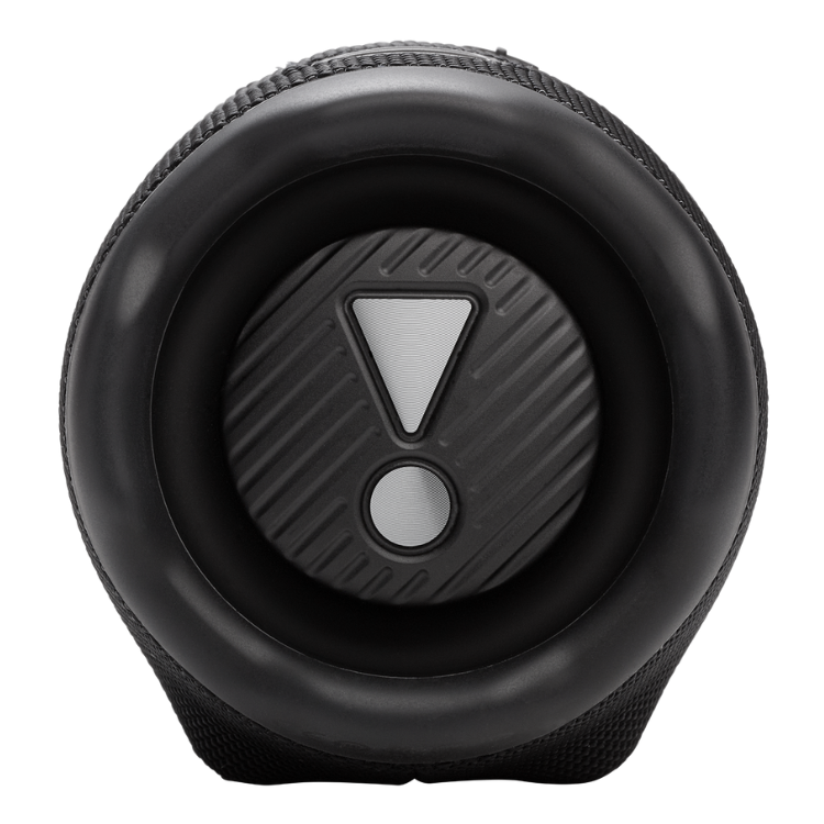 Black JBL Charge 6 portable speaker close-up, exclamation mark button.