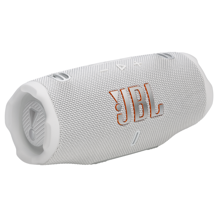 White JBL Charge 6 portable Bluetooth speaker with orange logo.