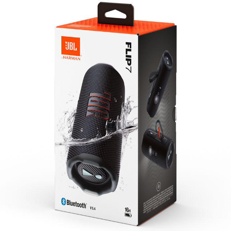 JBL Flip 7 black portable Bluetooth speaker packaging