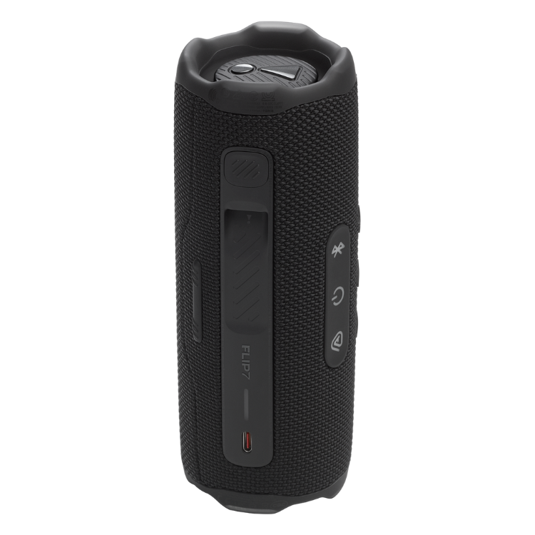 Black JBL Flip 7 portable Bluetooth speaker with buttons and textured surface.