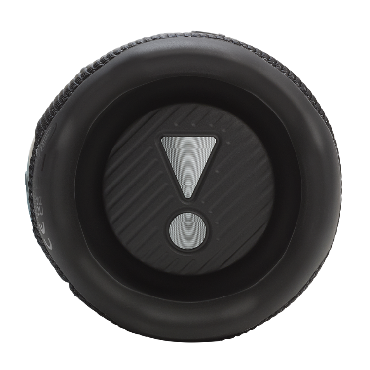 Black JBL Flip 7 portable Bluetooth speaker, round with fabric cover and exclamation mark button.