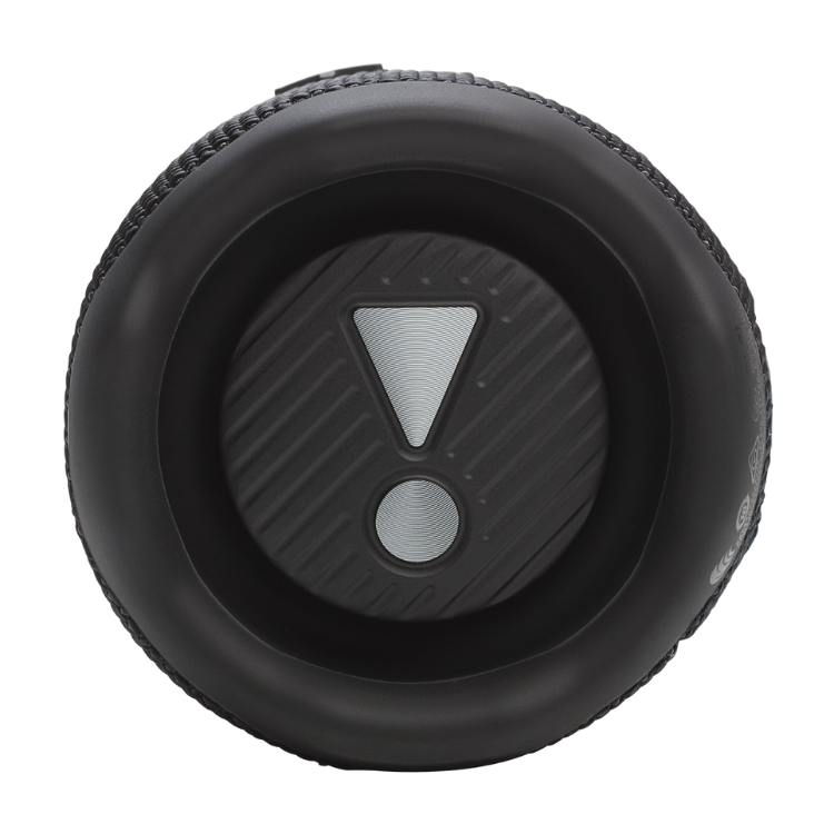 Black JBL Flip 7 portable Bluetooth speaker, top view.