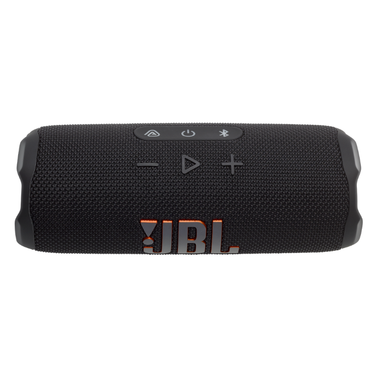 Black JBL Flip 7 portable Bluetooth speaker with buttons and logo.