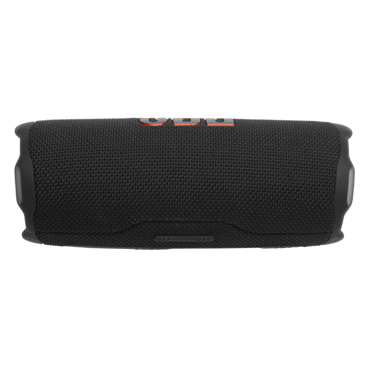 Black JBL Flip 7 portable Bluetooth speaker with textured surface and orange accents.