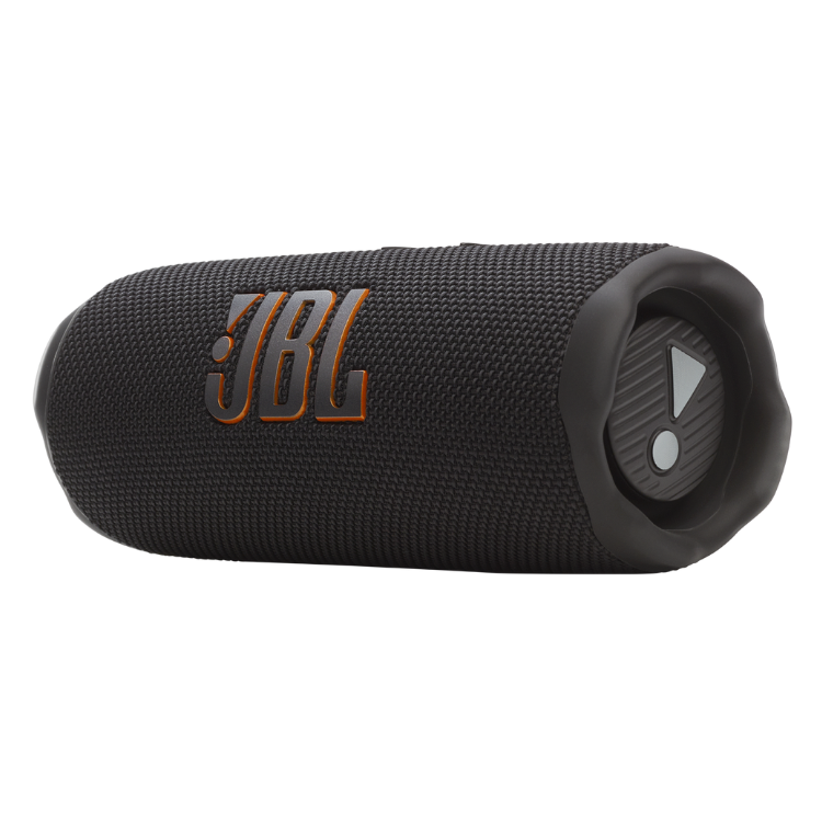 Black JBL Flip 7 portable Bluetooth speaker with orange logo and play button.