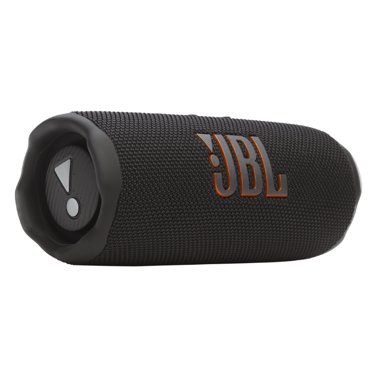 Black JBL Flip 7 portable Bluetooth speaker with orange accents.