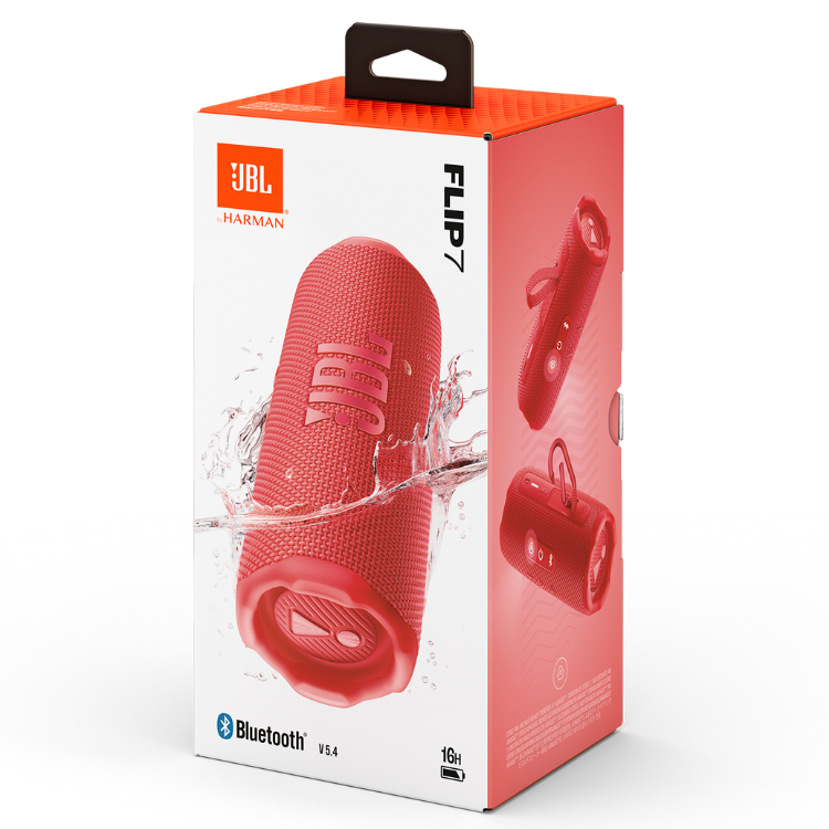 Red JBL Flip 7 portable Bluetooth speaker in packaging.
