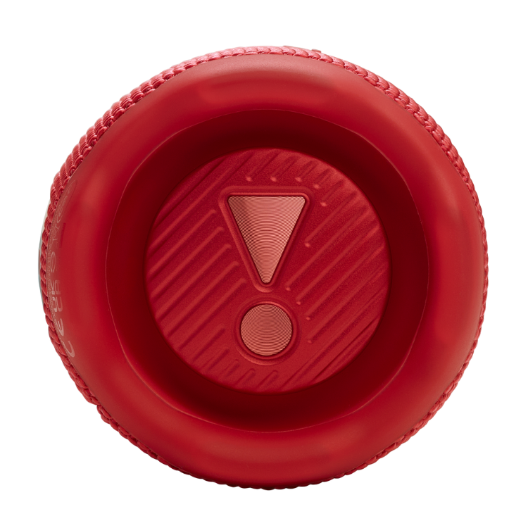 Red JBL Flip 7 portable speaker, exclamation mark on control panel.