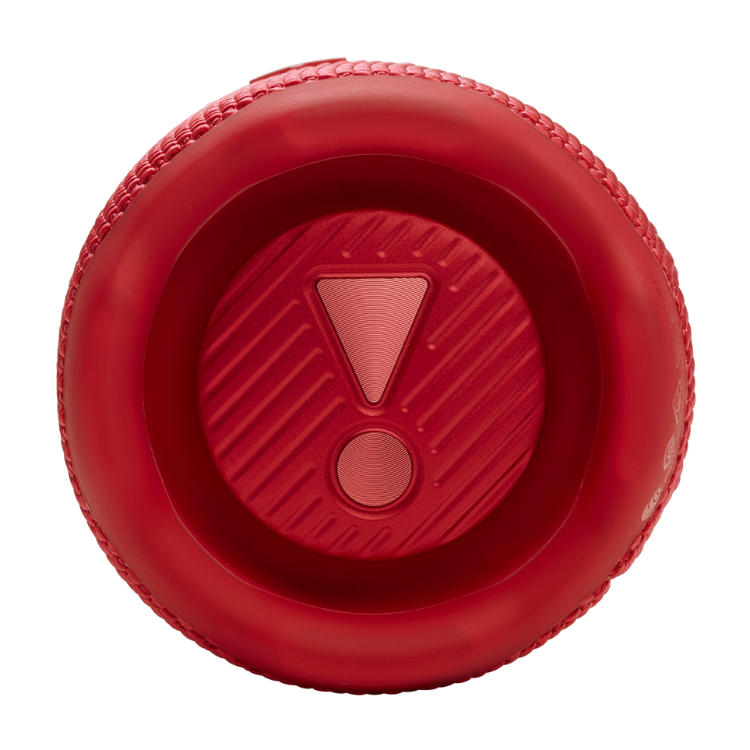 Red JBL Flip 7 portable speaker, exclamation mark on control panel.