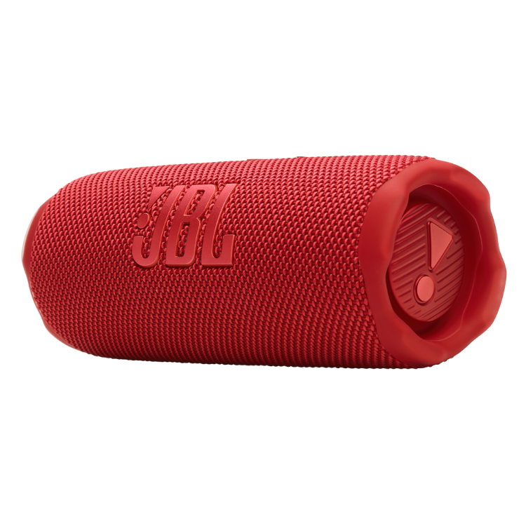 Red JBL Flip 7 portable speaker with textured surface and buttons.