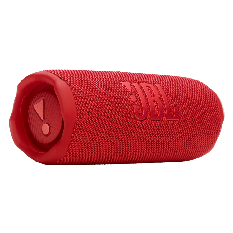 Red JBL Flip 7 portable speaker with textured surface and control button.