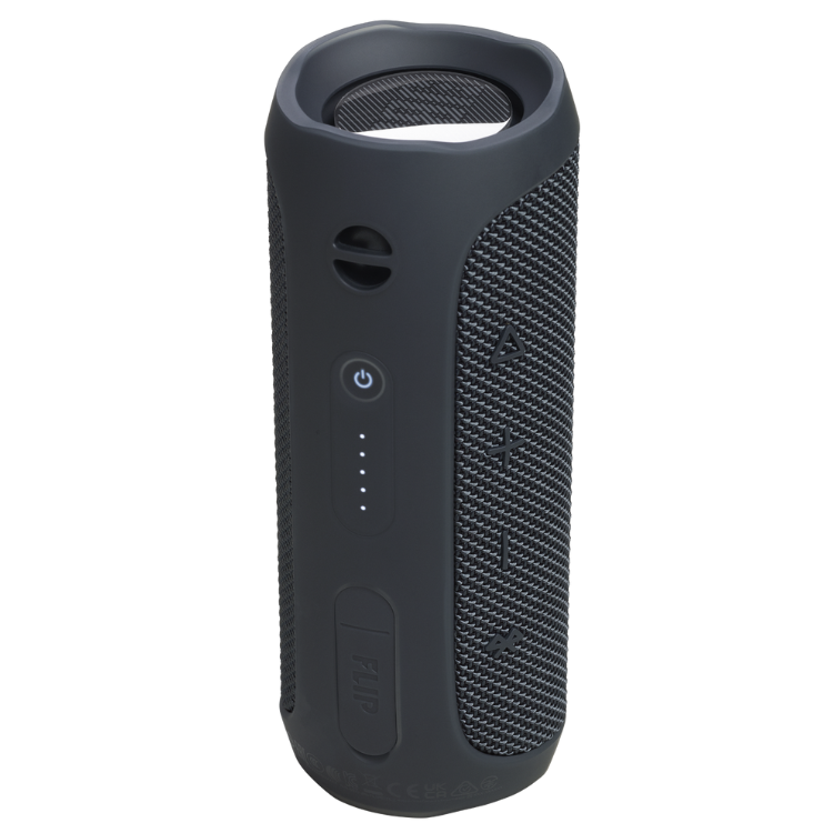 Black JBL Flip Essential 2 portable Bluetooth speaker with power button and controls.