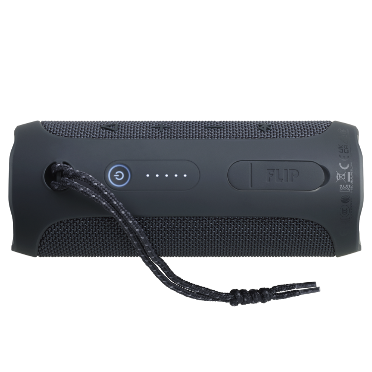Black JBL Flip Essential 2 portable Bluetooth speaker with power button, LED lights, and black wrist strap.