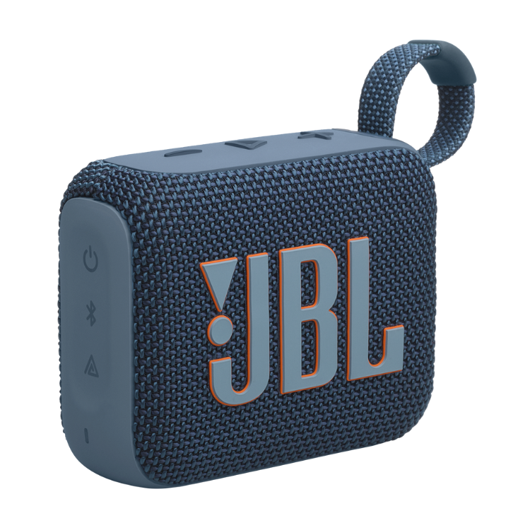 JBL Go 4 portable Bluetooth speaker, blue, with textured surface and handle.