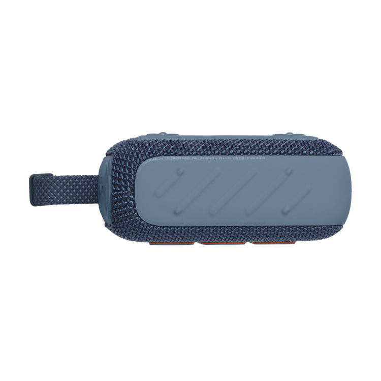 JBL Go 4 portable Bluetooth speaker, blue, compact design with textured fabric and wrist strap.