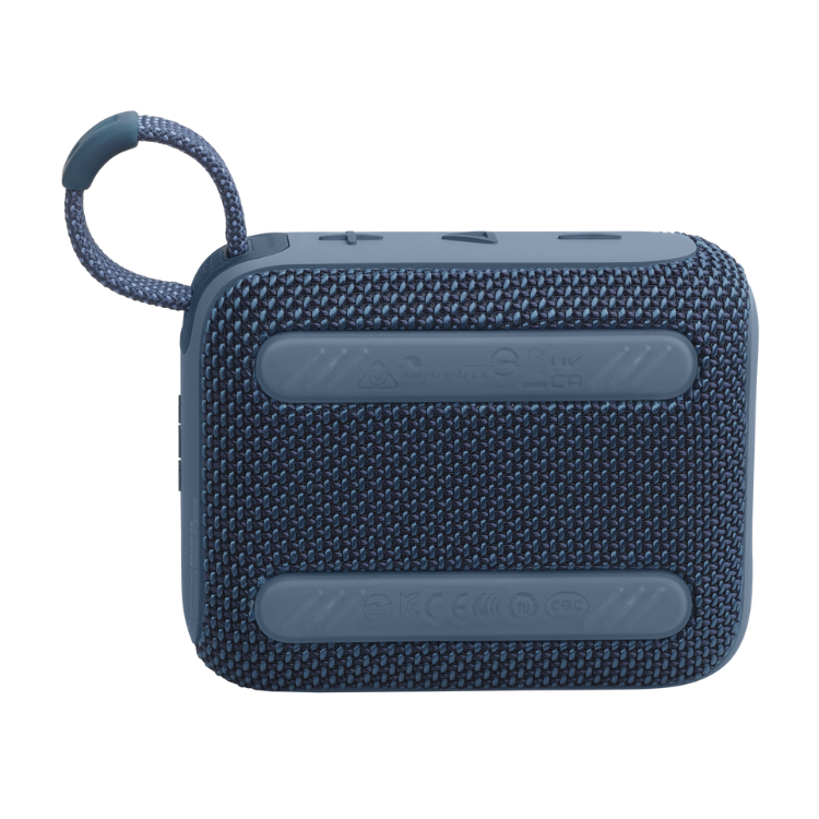 JBL Go 4 portable Bluetooth speaker, blue, compact with textured surface and carrying strap.