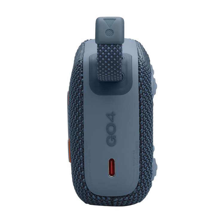 JBL Go 4 portable Bluetooth speaker, blue, compact with textured sides and charging port.