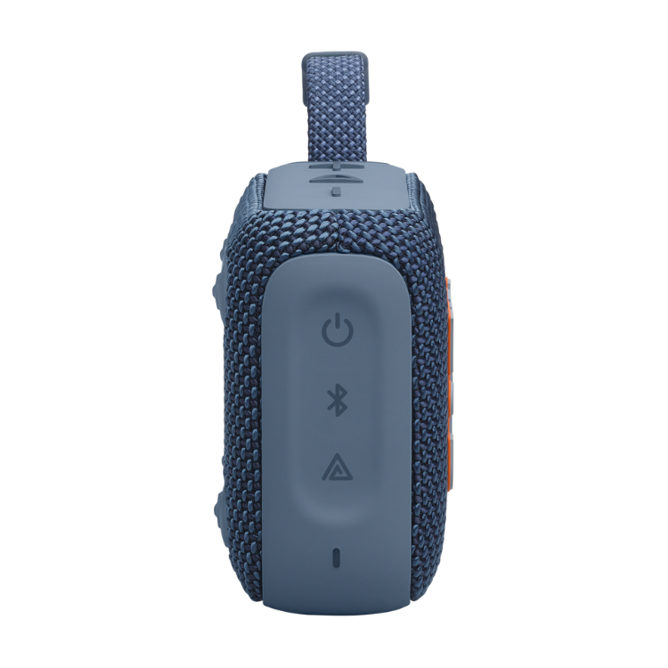 JBL Go 4 portable Bluetooth speaker, blue, with buttons and strap.