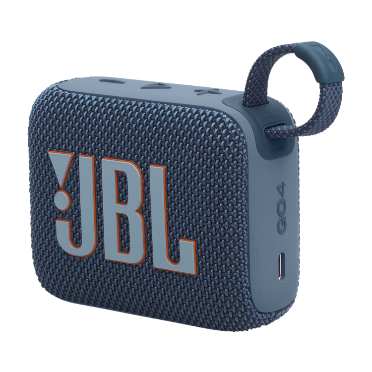 JBL Go 4 portable Bluetooth speaker, blue, with textured surface and orange accents.