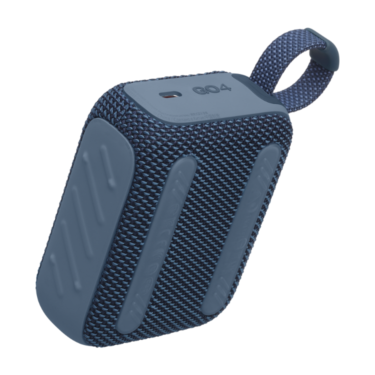 JBL Go 4 portable Bluetooth speaker, blue, compact with textured surface and strap.