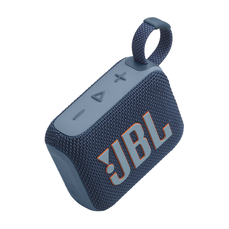JBL Go 4 portable Bluetooth speaker, blue, with textured fabric and orange accents.