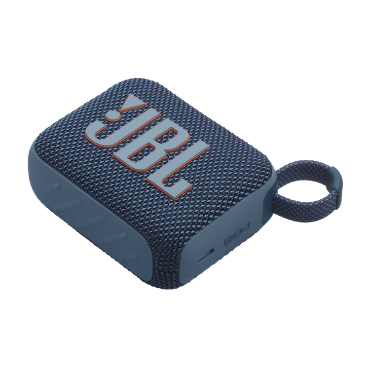 JBL Go 4 portable Bluetooth speaker, blue, with textured surface and orange accents.